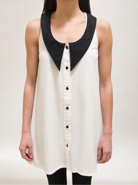 MUSEUM Whimsy White Cotton Button Down Tuxedo Tunic Mini Dress Peter Pan Collar